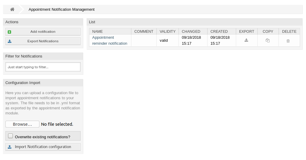 Appointment Notification Management Screen