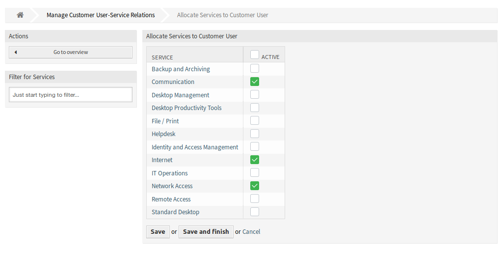 Allocate Services to Customer User Screen