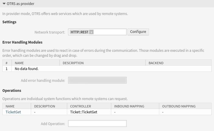 Web Service Settings - OTRS as Provider