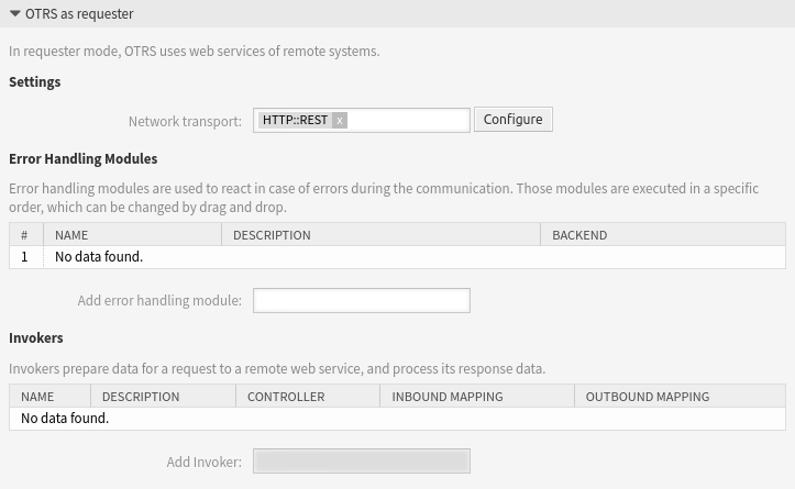 Web Service Settings - OTRS as Requester