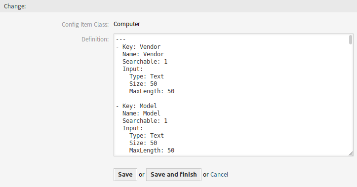 Edit Configuration Item Class Definition Screen