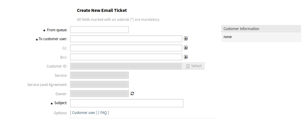 New Email Ticket Screen